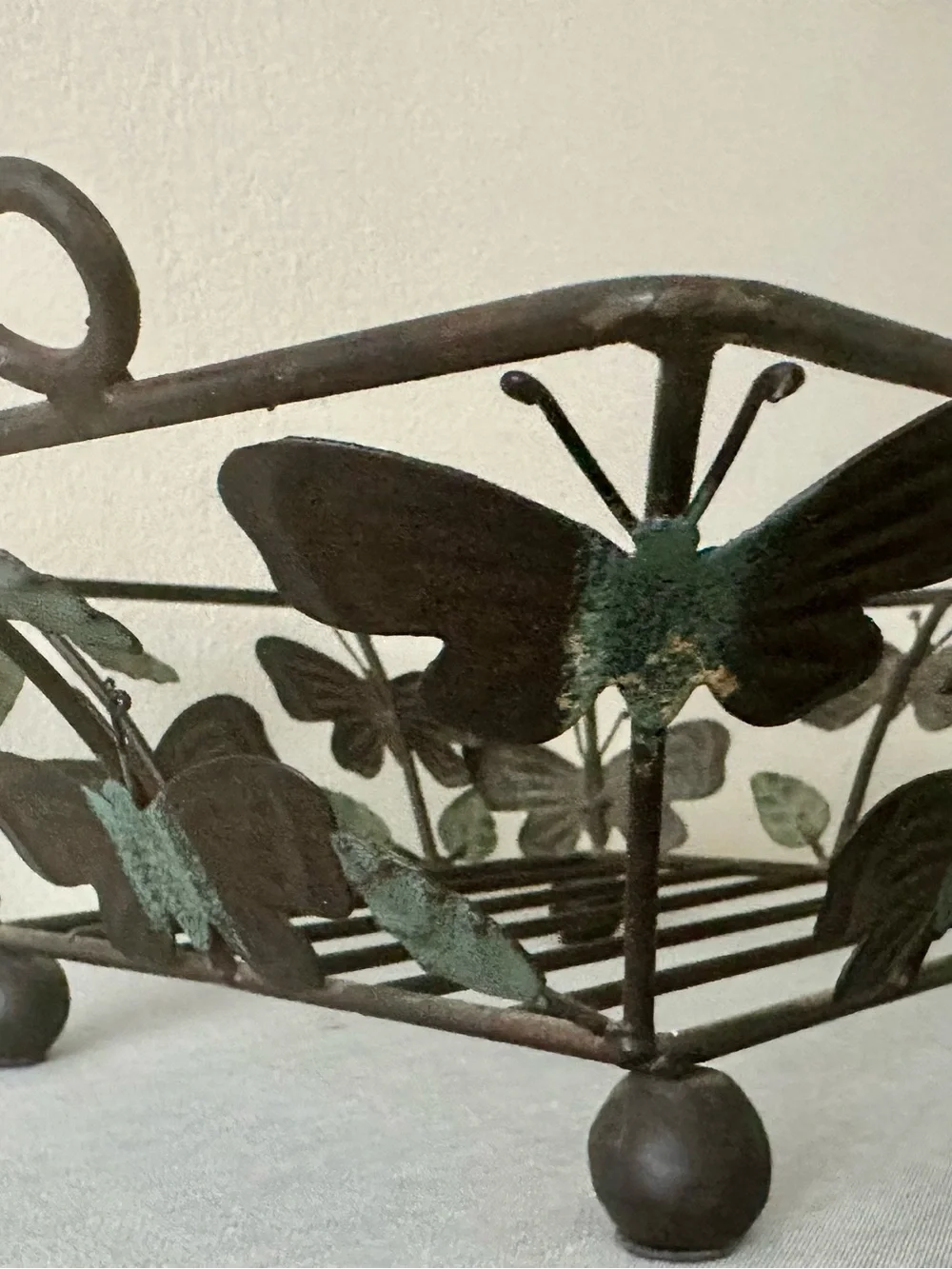 Vintage Wrought Iron Butterfly Caddy Tray Verdigris Metal Wire Basket